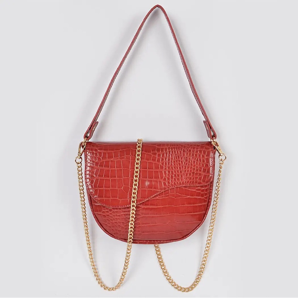Burgundy Faux Croc Chain Shoulder Bag – Half-Moon Design with Gold Chain
